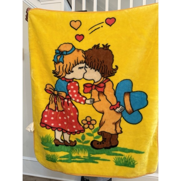 VTG Korean Mink Baby Blanket Storybook 100x20cm Precious Moments Style EUC